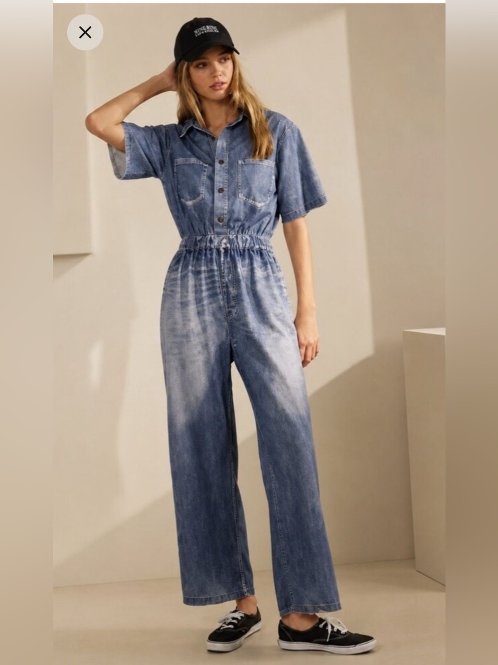 👖NWOT FAUX Denim (Sweatpant material) Elastic Waist Jumpsuit in Washed Blue